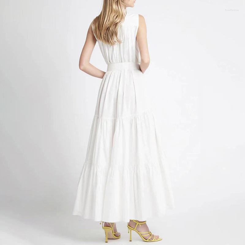 

Casual Dresses Women Elegant Maxi Dress Summer Sweet Sleeveless Turn Down Collar Sashes Long Ruffle Office Ladies Party, Pink