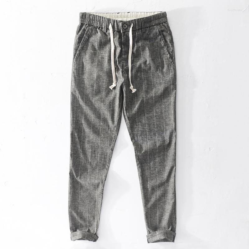 

Men's Pants Spring Summer Striped Linen Casual Men's Breathable Cotton Trousers Youth Straight Small Foot Elastic, Gray