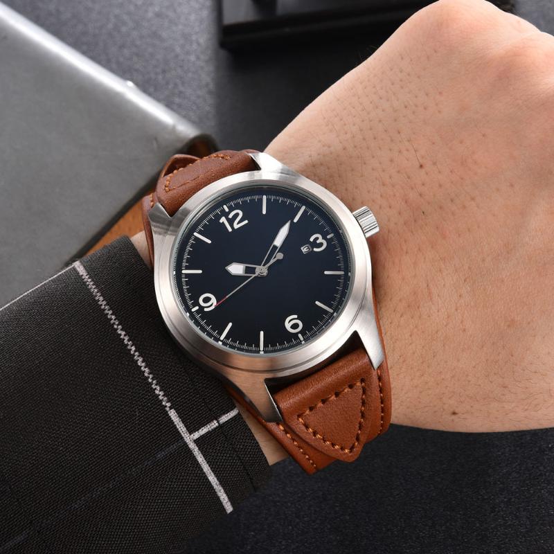 

Wristwatches Nologo Automatic Men Watch MINGZHU 2813 Movement Leather Band Date Window, Black strap