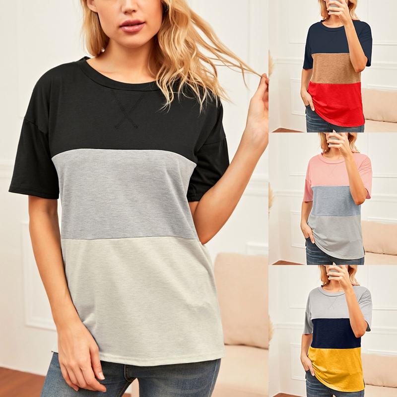 

Women' T Shirts -Womens Casual Tee Short Sleeve Patchwork Color Block Loose Fit Tunic Tops Blouses, Black