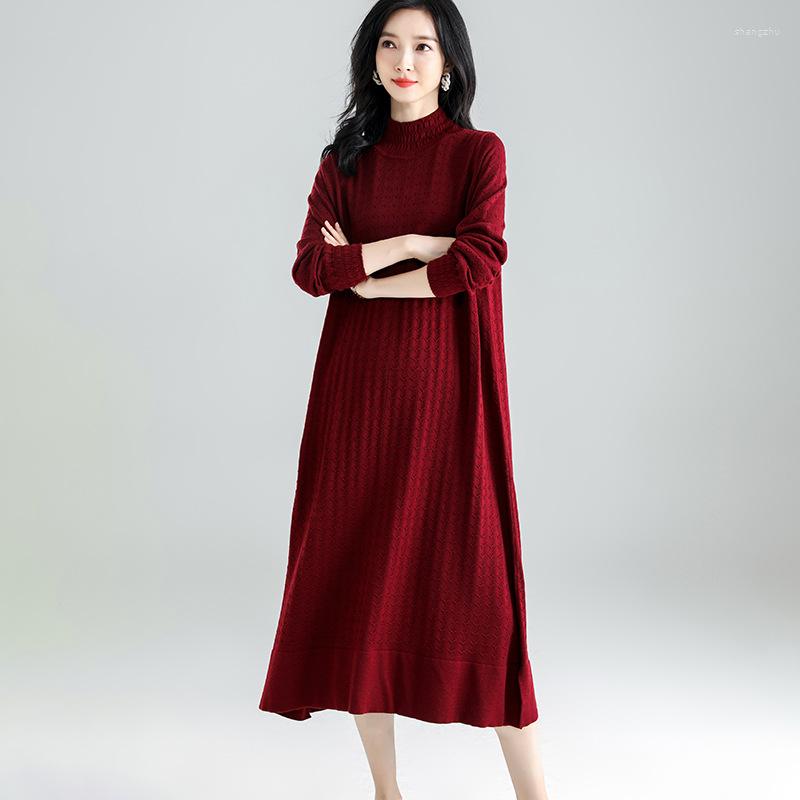 

Casual Dresses SuperAen Half High Collar Wool Dress For Women Autumn And Winter 2023 Loose Bottomed Knitting, Black