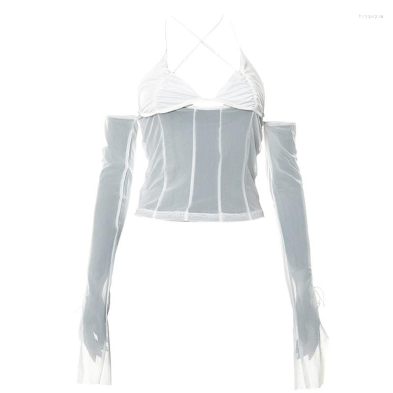 

Women' T Shirts Women Sexy Cutout Halter V-Neck Split Long Sleeve Crop Top Off Shoulder Bandage Bodycon Mesh Bustier T-Shirts Streetwear, Brown