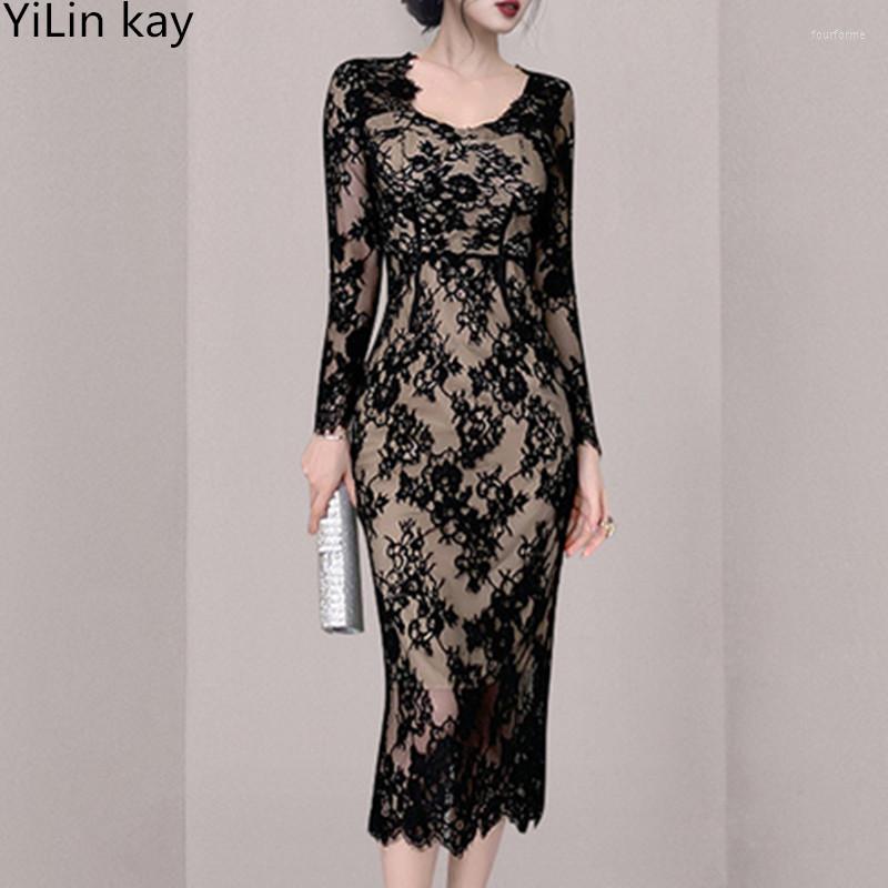

Casual Dresses 2023 For Early Spring Lace Long DressWomen Sheath Simple Mid-Calf Slim Work Party Office Pencil Vestidos, Black