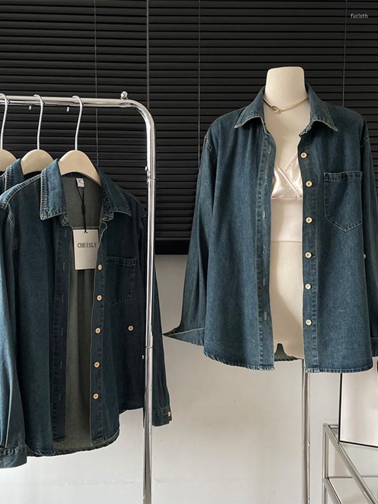 

Women' Blouses 2023 Spring Women Retro Blue Color Shirt Female Lapel Loose Casual Over-shirt Lady Long Sleeve Vintage Harajuku Oversize
