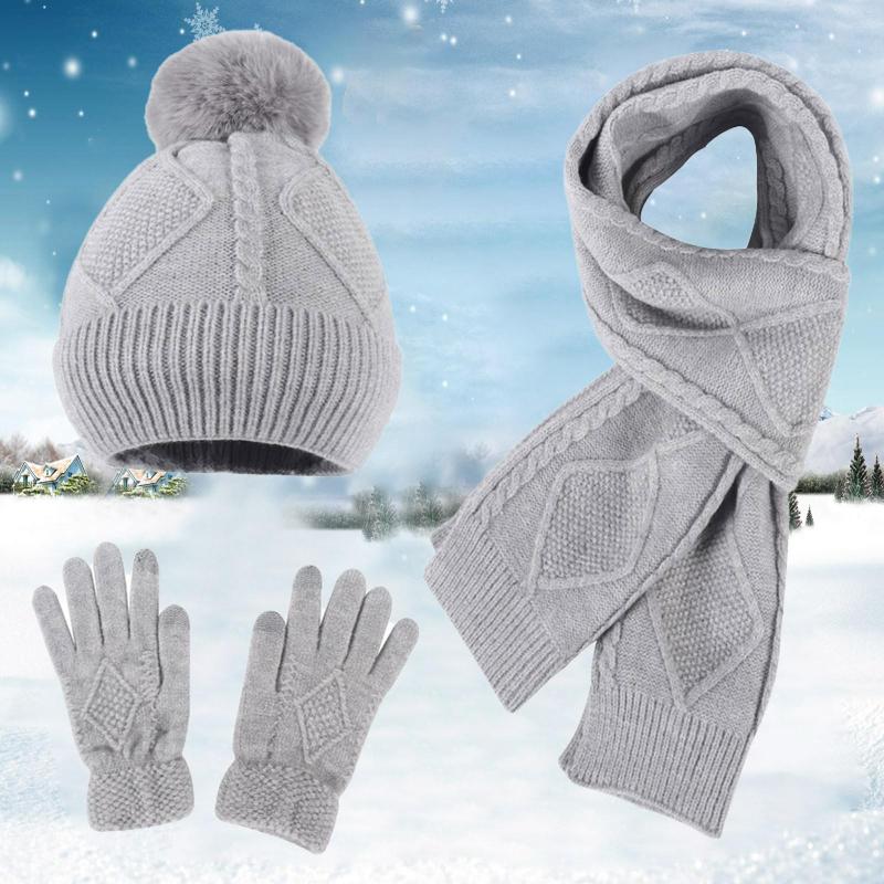 

Berets Women And Men's Winter European American Christmas Knitting Hat Gloves Scarf Three Piece Thick Wool, Grey