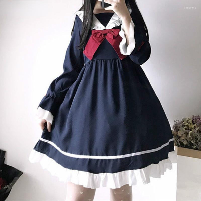 

Casual Dresses Lolita 2023 Japanese Style Dress Students Sailor Collar Bowknots Ruffles Cute Navy Blue Costumes 11a080