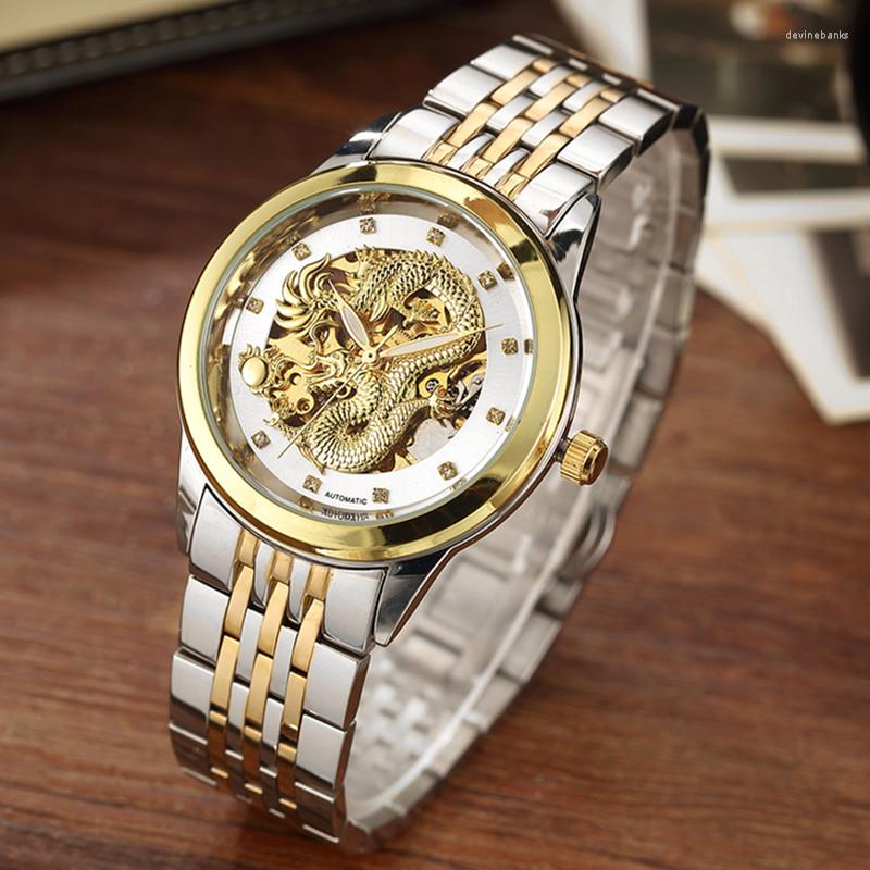 

Wristwatches Gorben Dragon Skeleton Automatic Mechanical Watches Stainless Steel Strap Men Wrist Watch Waterproof Sport Male Wristwatch, Gold