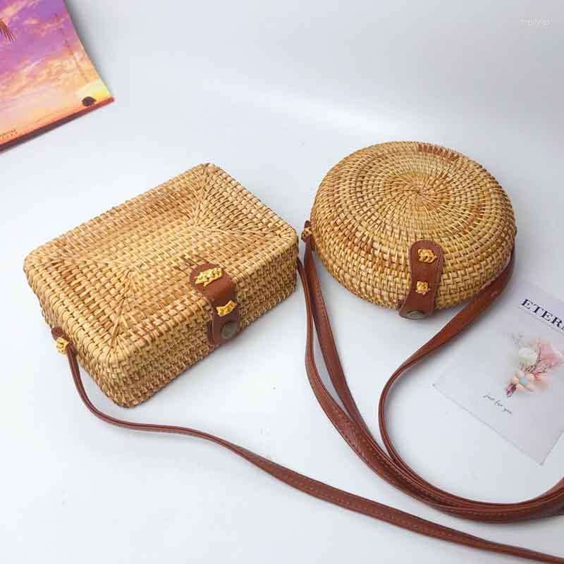 

Evening Bags Bohemia Beach Summer Vintage Handmade Crossbody Straw Small Bag Girls Circle Box Rattan Bali Shoulder 2023for Women, Round
