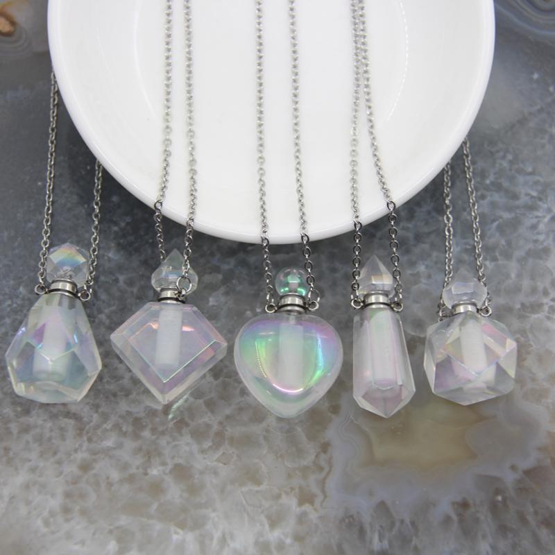 

Pendant Necklaces Shape Stainless Steel Chains Rainbow Aura Crystal Perfume Bottle Necklace AB Quartz Essential Oil Diffuser Vial CharmsPend