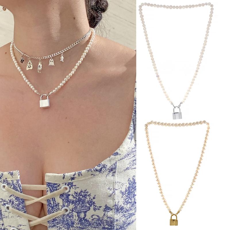 

Chains Rock Choker Lock Glass Pearls Necklace For Women 2023 Punk Gold Chunky Chain Key Padlock Pendant Necklaces Party JewelryChains