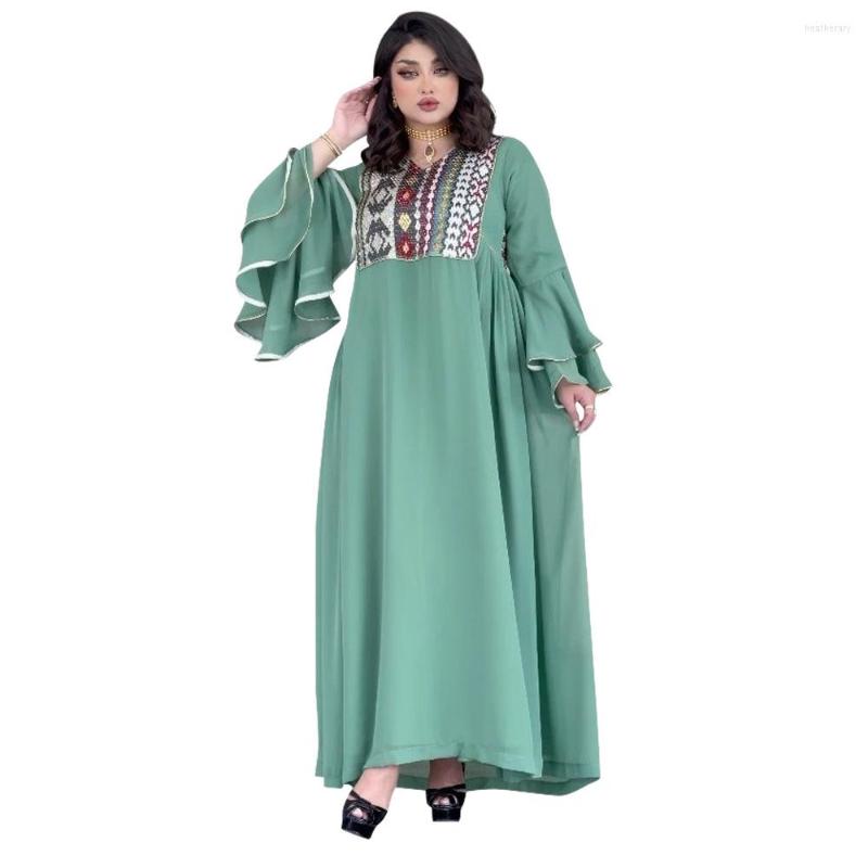 

Ethnic Clothing Light Green Chiffon Arabic Robe Flare Sleeves Sequins Elegant Middle East Muslim Abaya Vestidos Musulmanes Longue Mabche