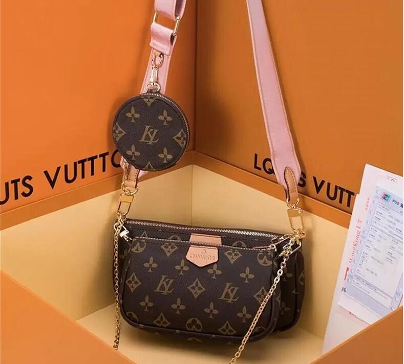 

Designer shoulder bag MULTI POCHETTE ACCESSOIRES lady messenger bag M44813 Removable round zipped coin purse triple luxury handbag canvas clutch crossbody, Pink old flowers