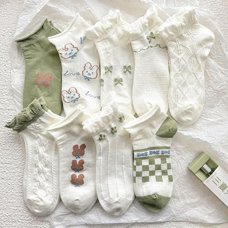 

Women Socks White Short Japanese Lolita Lace Flowers Green Thin Student Shallow Mouth Ship Cute Girl, Random 3 pairs