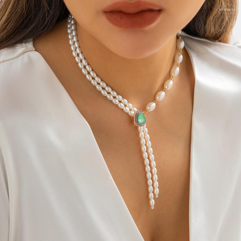 

Choker Retro Asymmetrical Imitation Pearl Tassels Necklce Temperament Crystal Heart Green Stone Necklaces Collar De Perlas
