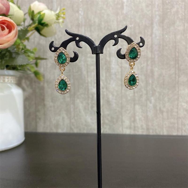 

Dangle Earrings Trendy Gold Color Clear Stone Around Green Teardrop Shape Jewel Linked Drop For Women Girl Casual Statement Jewelry