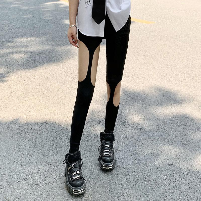

Women' Pants & Capris Qybian Gothic Elastic Waist Solid Straight Pencil Slim High Fashion Casual Hole Women Joggers Trousers, 01