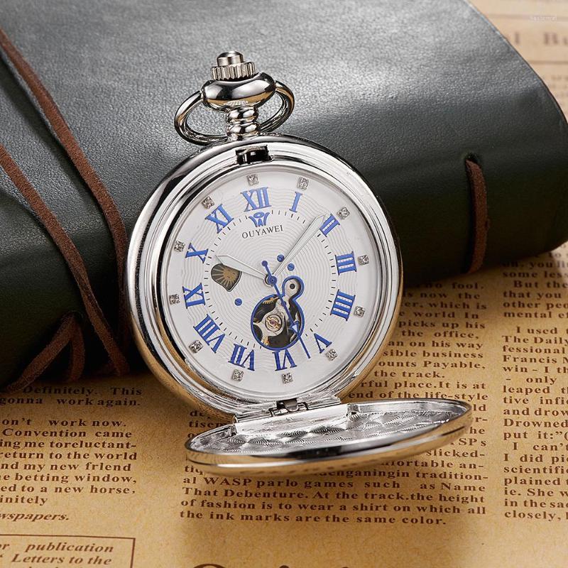 

Pocket Watches OUYAWEI Brand Fashion Mechanical Hand Wind Fob Mens Watch Full Steel Case Steampunk Ventage Pendant Clock, Gold