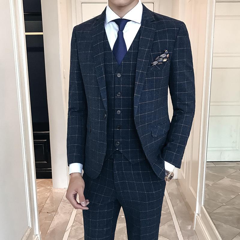 

Men's Suits & Blazers Autumn And Winter Fashion Plaid Suit Leisure Slim Fit Single Button, Black