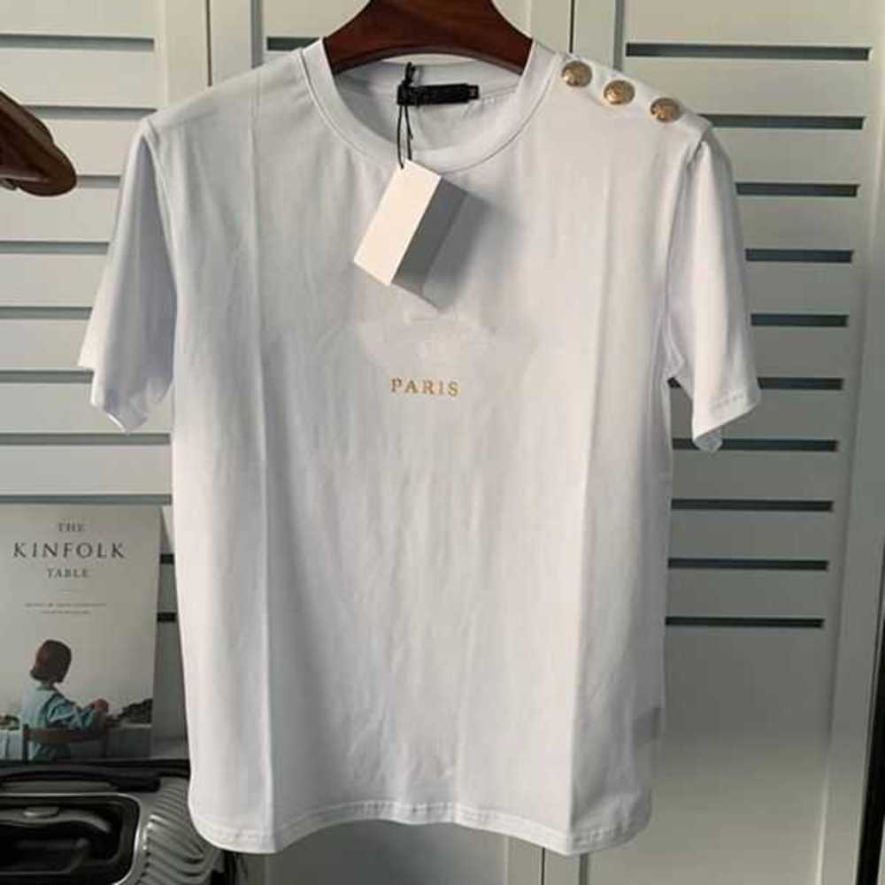 

Signer Tshirts Top Woman Tee for Lovers Letter Short Sleeve Round Crew Neck with Shoulder Button Fashion Hipc24x, Black+gold buttons/gold letters