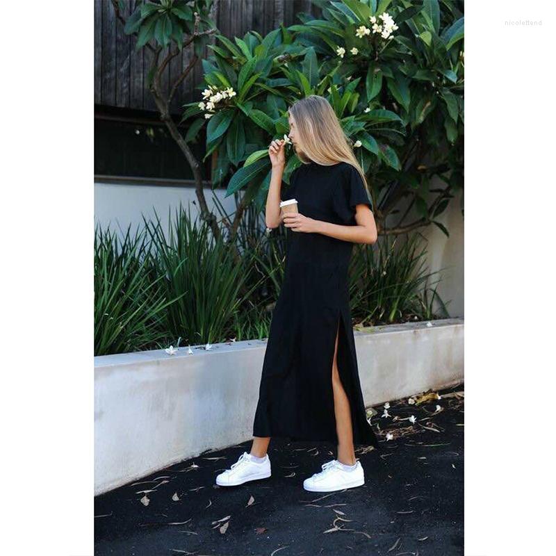 

Party Dresses 2023 Fashion Maxi Slit Shirt Dress Women Summer Boho Sexy Elegant Casual Long Vintage Club Black Bodycon