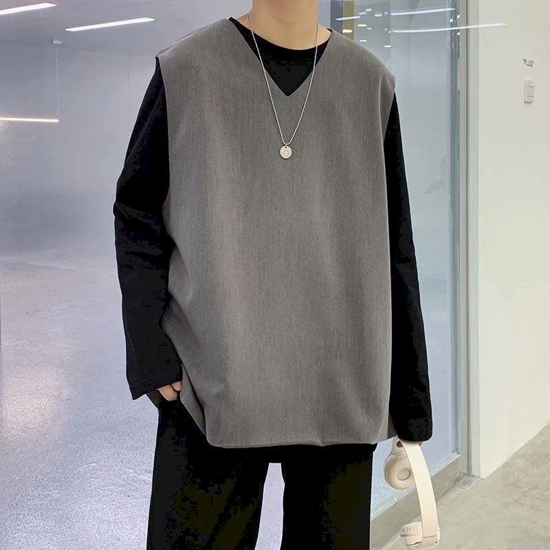 

Men's Vests Autumn Dress Vest Fashion Solid Color Casual V-neck Pullover Men Streetwear Wild Loose Korean Mens Suit Clothes, Black