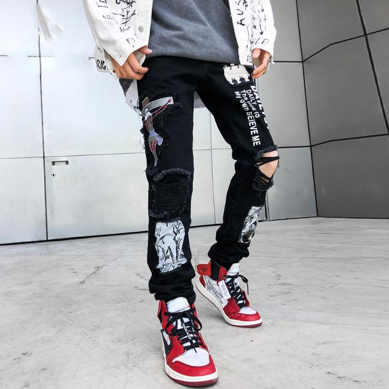 

Men's Jeans AprilMOMO Hole Patchwork Graffiti Pants Men 2023 Harajuku Ink Joggers Trousers Streetwear Denim Hip Hop, Black