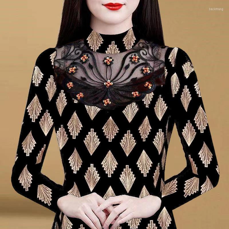 

Women's T Shirts Fashion Half Turtleneck Embroidered Women's T-Shirt 2023 Spring Autumn Patchwork Mesh Tops -4XL Middle-aged Clothing, 381