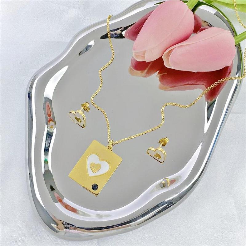 

Necklace Earrings Set Est Stainless Steel Engagement Women Love Charm Heart Shape Jewelry, Picture shown