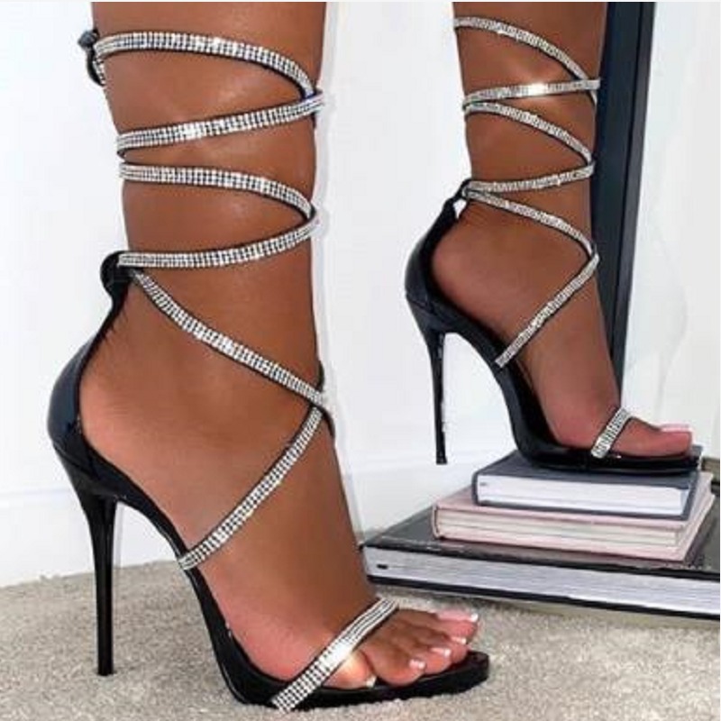 

2023 women Rhinestone Snake Strass stiletto sandals Evening night club dinner sexy heels shoes women's high 12cm heels Ankle Wraparound black size 35-42 No Box #A012, Only box no ship