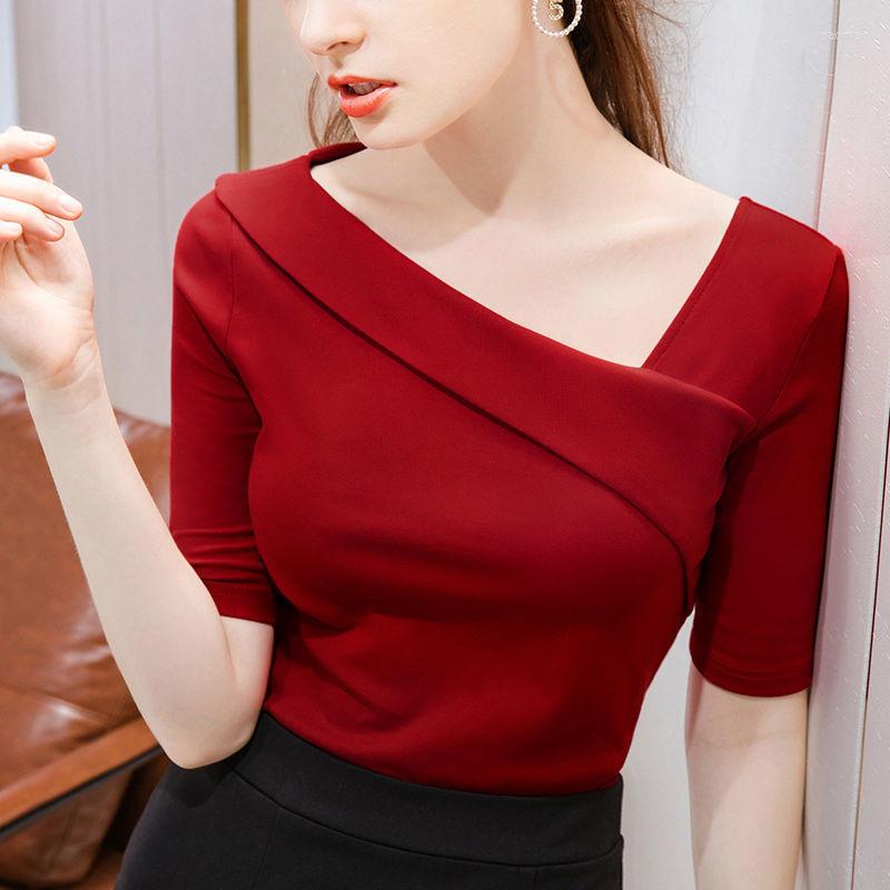 

Women' T Shirts Woman' Clothing Spring Summer Style Basic T-Shirts Tops Lady Slim Short Sleeve Skew Collar Sheath SS055, Black