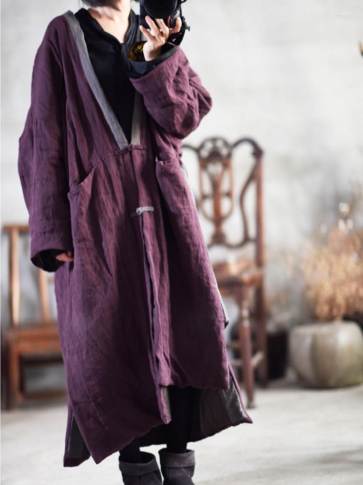 

Women's Trench Coats Women Loose Cotton Linen Padded Coat Ladies Autumn Winter Long Cardigan V Neck Button Outerwear Female Tops 2023, Black