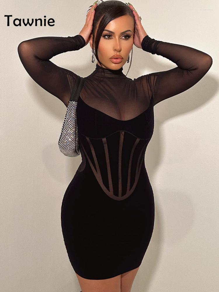 

Casual Dresses Tawnie 2023 Spring Mesh Sexy Corset Mini Dress Women Club Party Long Sleeve See Through Fashion Outfits Bodycon Vestido, Black