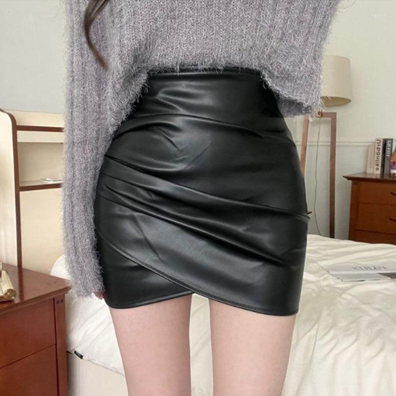 

Skirts Pleated Irregular Skirt Short Women's High Waist Sexy Pu Leather One Ropa Mujer Mini Clothes For Women, Safety belt pants