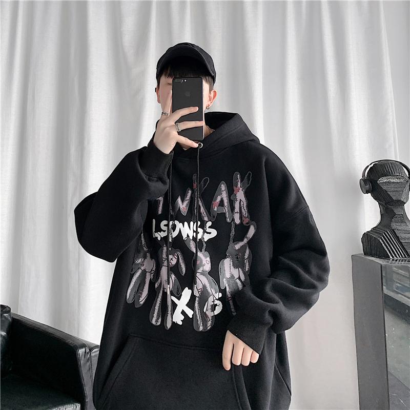 

Men's Hoodies & Sweatshirts Autumn And Winter Graffiti Hip Hop Harajuku Loose Street Jogging Pullover All-match Shirt Solid Color Basic, Black