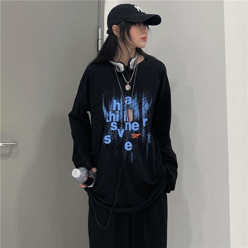

Women' T Shirts Korea High Street Retro Falling Sand Beating Letter Print Long Sleeve T-shirt Oversized Gothic Tee Women Couple Y2K, White