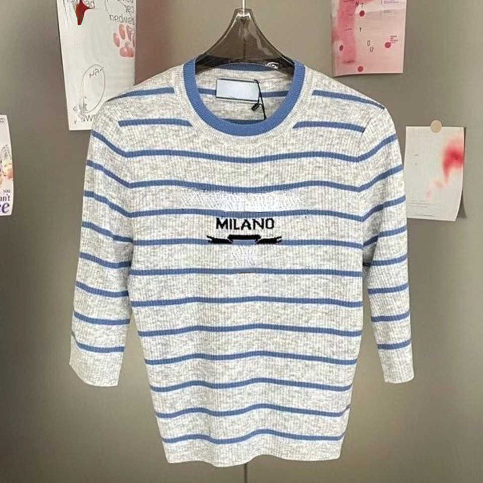 

Women' sweater designer shirts hoodie spring and summer contrasting color knitwear t shirt Striped Letters Jacquard Round Neck Pullover Slim Cropped Sweatshirt, Contrast color