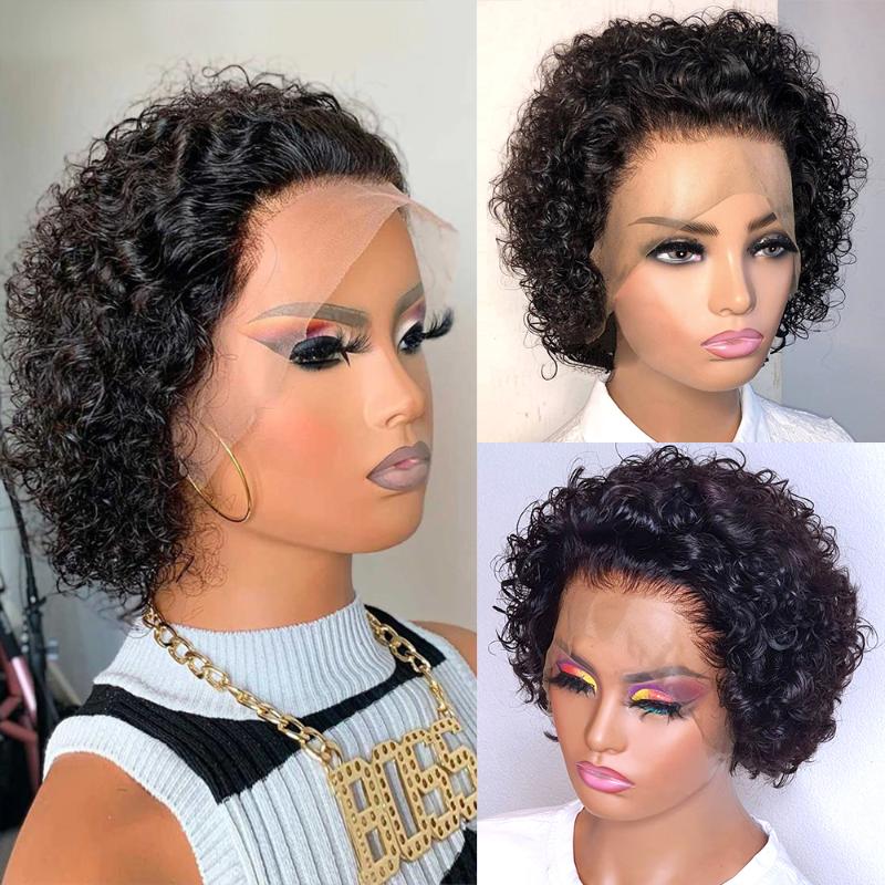 

Lace Wigs Persephone 13x1 Part Curly Wig Pixie Cut Short Human Hair For Women Honey Blonde Burgundy Bob Brazilian, Picture shown