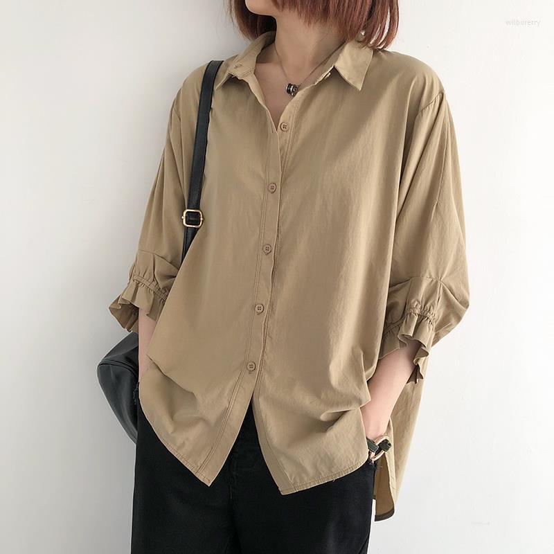 

Women's Blouses Cotton Lantern Sleeve Shirt Women Chic Summer Top Casual Loose Oversized Shirts Solid Cropped Blouse Blusas De Mujer, Khaki