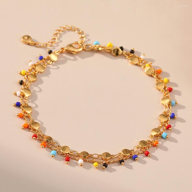 

Anklets MKOPSZ 2023 Trend Color Small Ball Double Layer Metal For Women Fashion Jewelry Boho Anklet Girlfriend Party Gifts