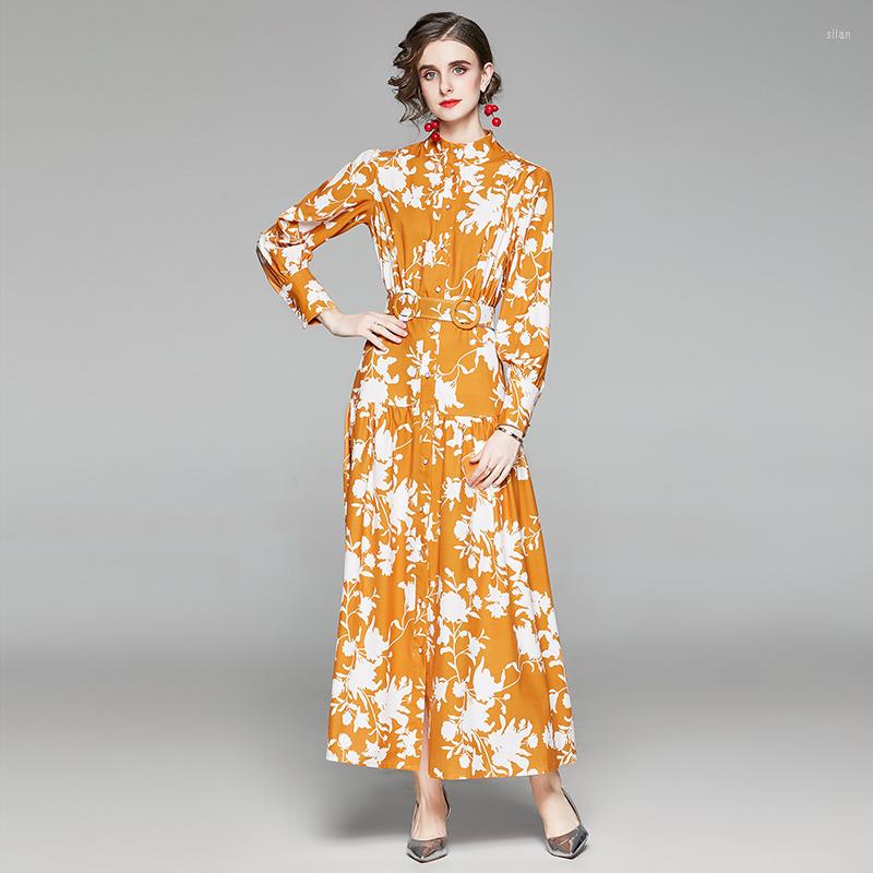 

Casual Dresses 2023 Autumn Women's Fashion Retro Vestidos Waist Abstract Print Stand Collar Lantern Long Sleeve Big Swing Midi Dress, Photo color
