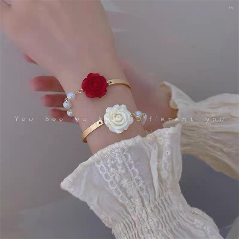 

Bangle Elegant Artificial Pearl Rose Flower Metal Bracelet For Women Girl Luxury Charm Jewelry Accessories Girlfriend Gift