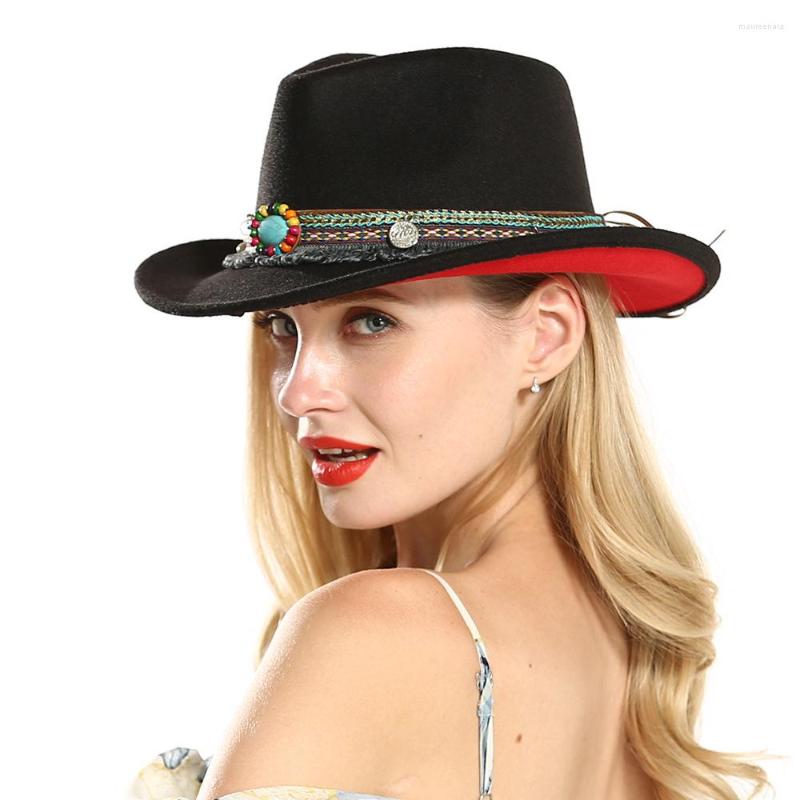 

Berets Unisex Men Women Black Red Patchwork Cowboy Felt Hat Larger Brim Panama Jazz Fedora Hats 2023 Fashion Western Cowgirl