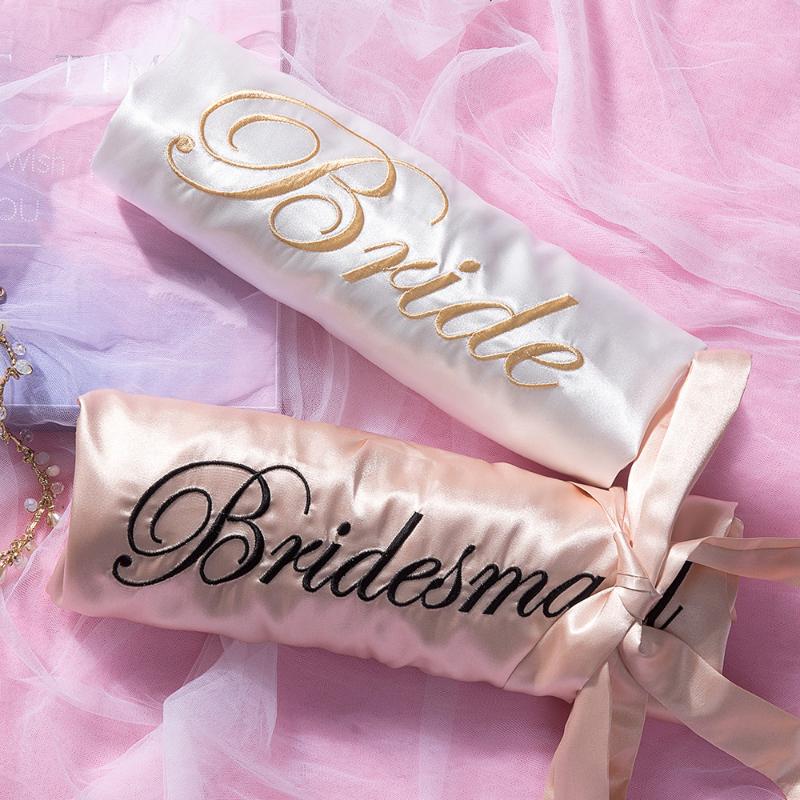 

Women's Sleepwear Bride Bridesmaid Wedding Robe Embroidery Letter Satin Kimono Bathrobe Gown Women Intimate Lingerie Sexy Nightdress, Light pink bridesmai