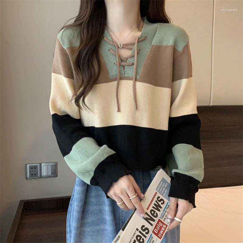 

Women's Sweaters Korean Fashion Color Matching Knitted Sweater Woman Spring Pullover Harajuku Lace Up Cropped Tops Casual Jumper, 56091 green