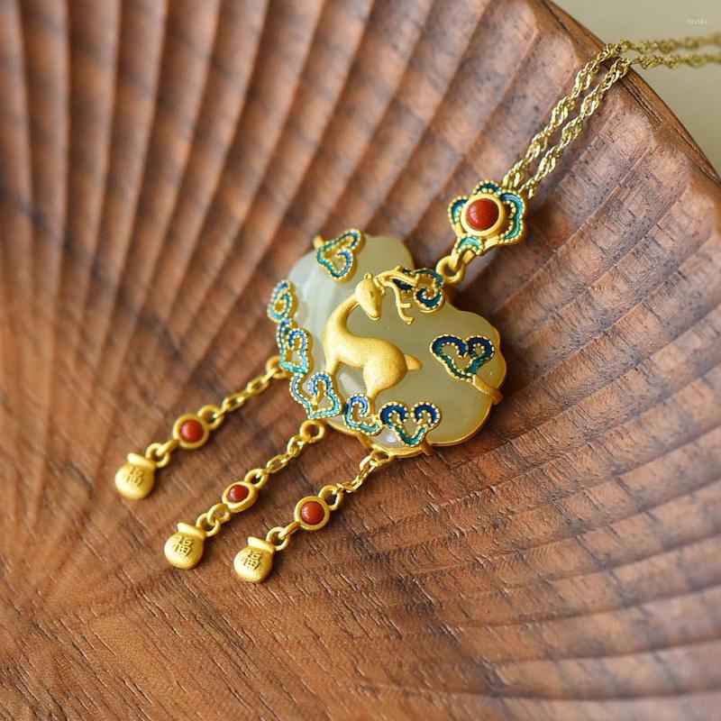 

Pendant Necklaces Heritage Ancient Sterling Silver Gold-Plated Inlaid Imitation Natural Hetian Jade Enamel A Deer Has You Lock Of Good