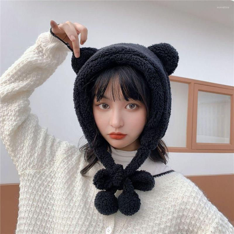 

Berets Plush Beanies Caps Cute Bear Ear Hat Women Fashion Windproof Earflap Earmuff Winter Hats Outdoor Keep Warm Accessory, Black