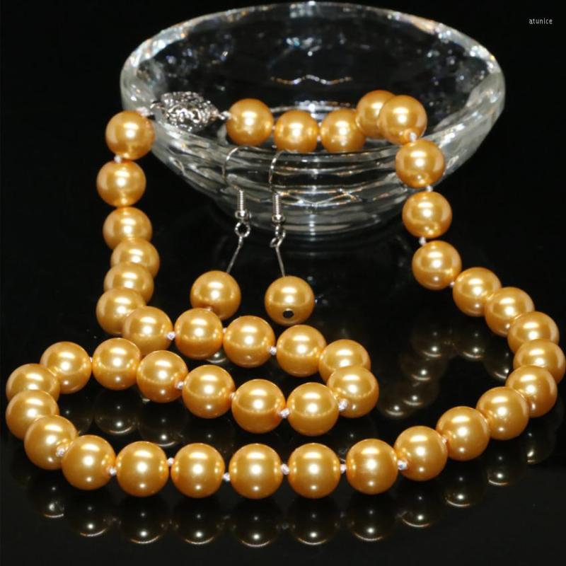 

Necklace Earrings Set Wholesale Bohemia Style 10mm Gold-color Faux Pearl Shell Round Beads High Grade Jewelry 18inch B2329, Picture shown