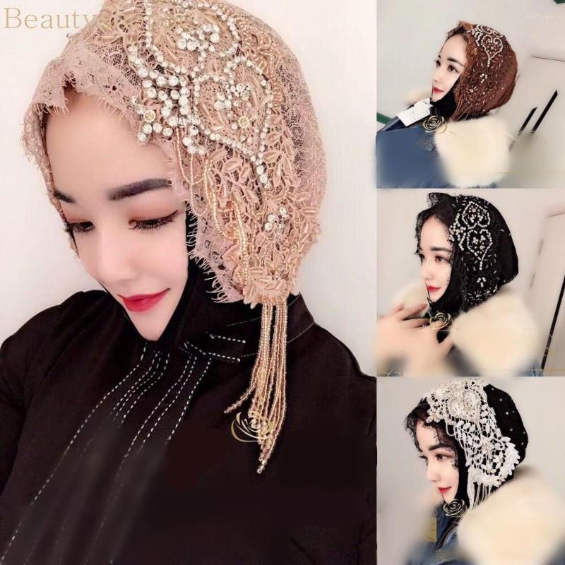 

Ethnic Clothing Beauty Fashion Full Lace Gauze Luxuriant HIJAB With Rhinestone Taseel Womens Girls Headwear Scarf Shawl Caps