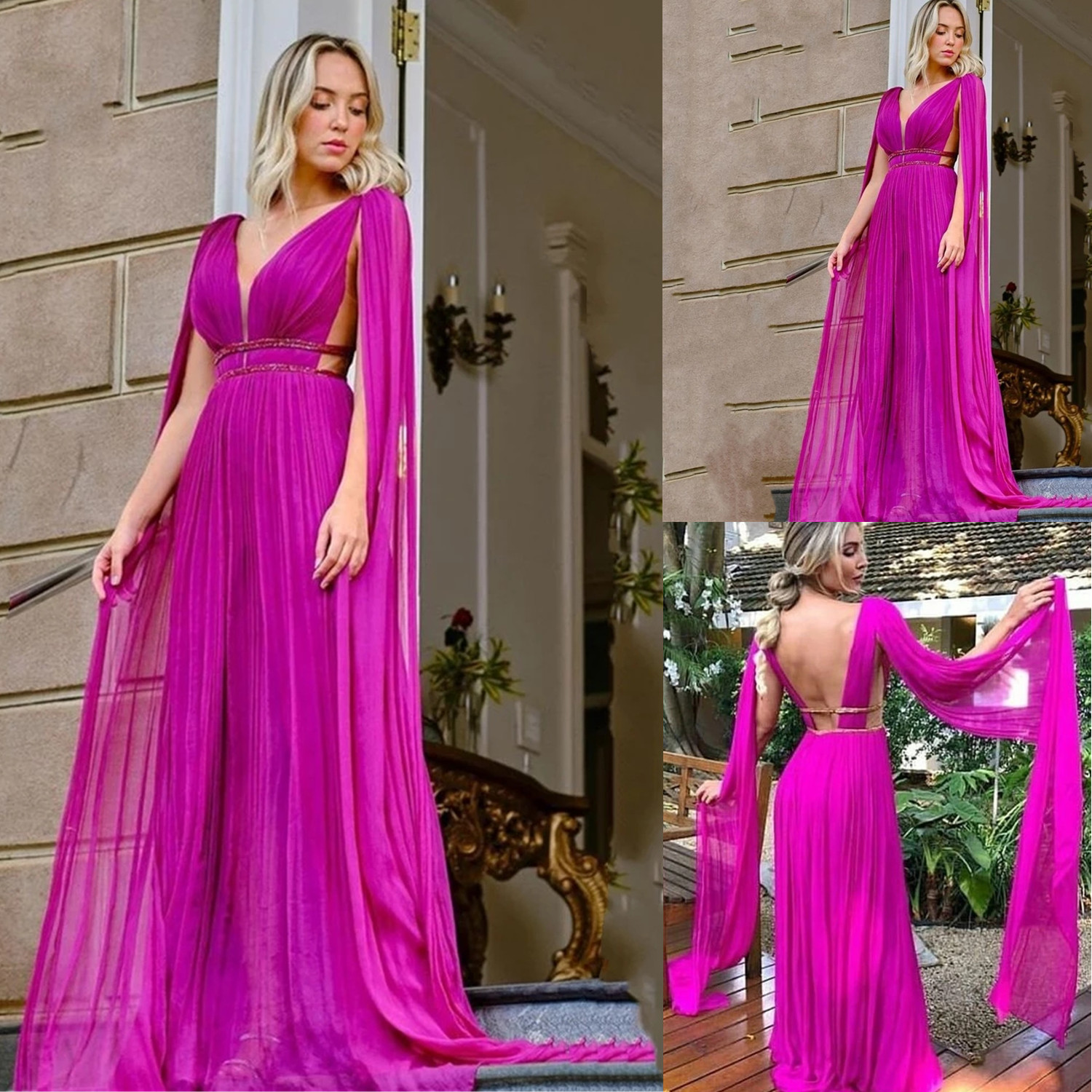 

Grace V-neck Prom dresses Comfy Chiffon A-line Prom Dresses Open Back Maxi Evening Dresses Multiple Color Options, Light sky blue