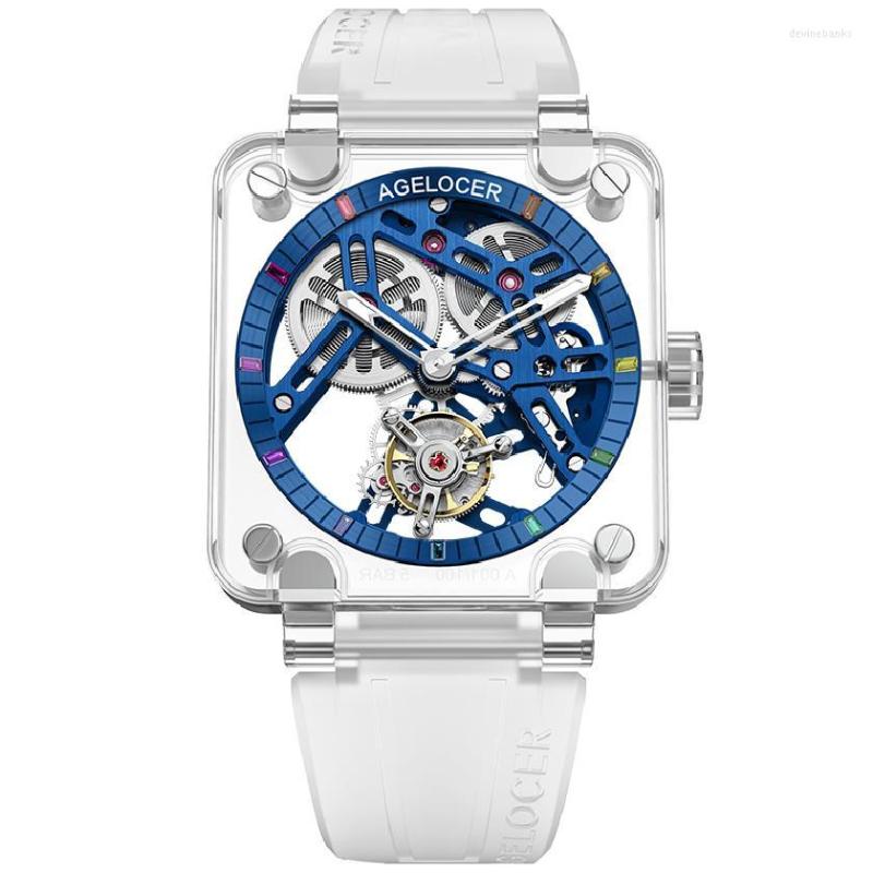 

Wristwatches AGELOCER Original Brand Real Tourbillon Watches Sports Men Blue Skeleton Full Sapphire Gems Case Mechanical Wristwatch, 9204s11